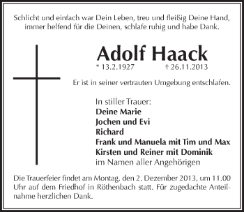 Traueranzeige von Adolf Haack von Pegnitz-Zeitung
